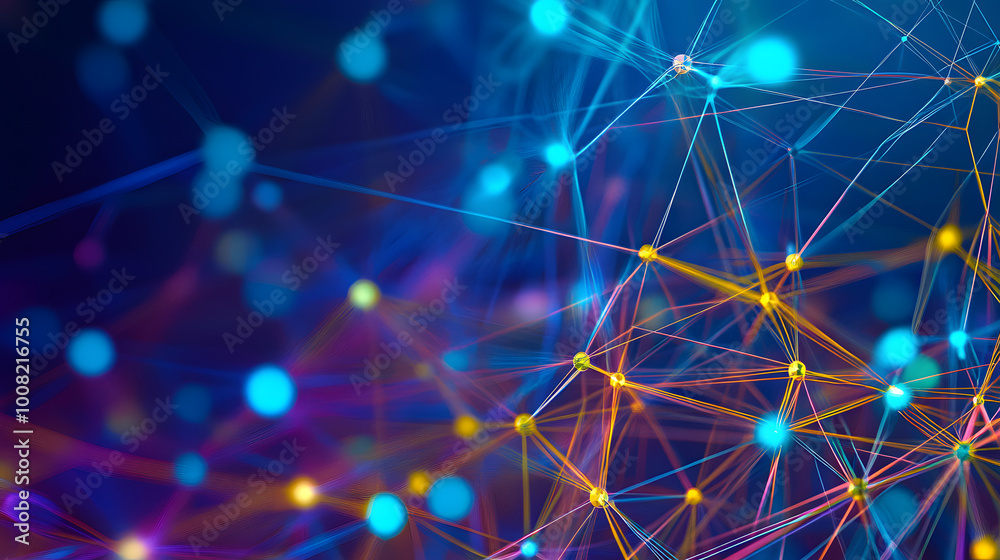 Abstract background with interweaving of colored lines and dots. Network connection structure. Data exchange. 3D Abstract background with interweaving of colored lines and dots. Network connection structure. Data exchange. 3D