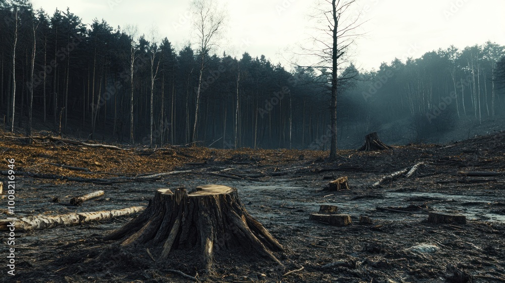 A desolate forest landscape with tree stumps and charred ground, highlighting deforestation. A desolate forest landscape with tree stumps and charred ground, highlighting deforestation.