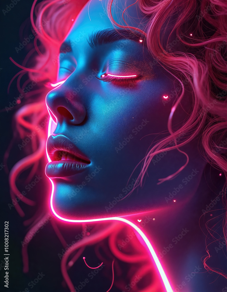 Beautiful woman in neon light. Created with AI. High quality upscale and postproduction. Beautiful woman in neon light. Created with AI. High quality upscale and postproduction.