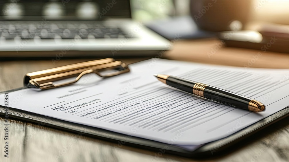 A workspace scene featuring a pen, glasses, and a document on a wooden desk, perfect for office or business themes. A workspace scene featuring a pen, glasses, and a document on a wooden desk, perfect for office or business themes.