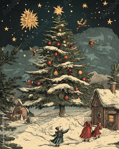 Christmas tree with snow Vintage engraved Christmas card style