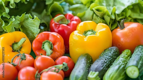 A colorful assortment of fresh vegetables including peppers, cucumbers, and tomatoes.