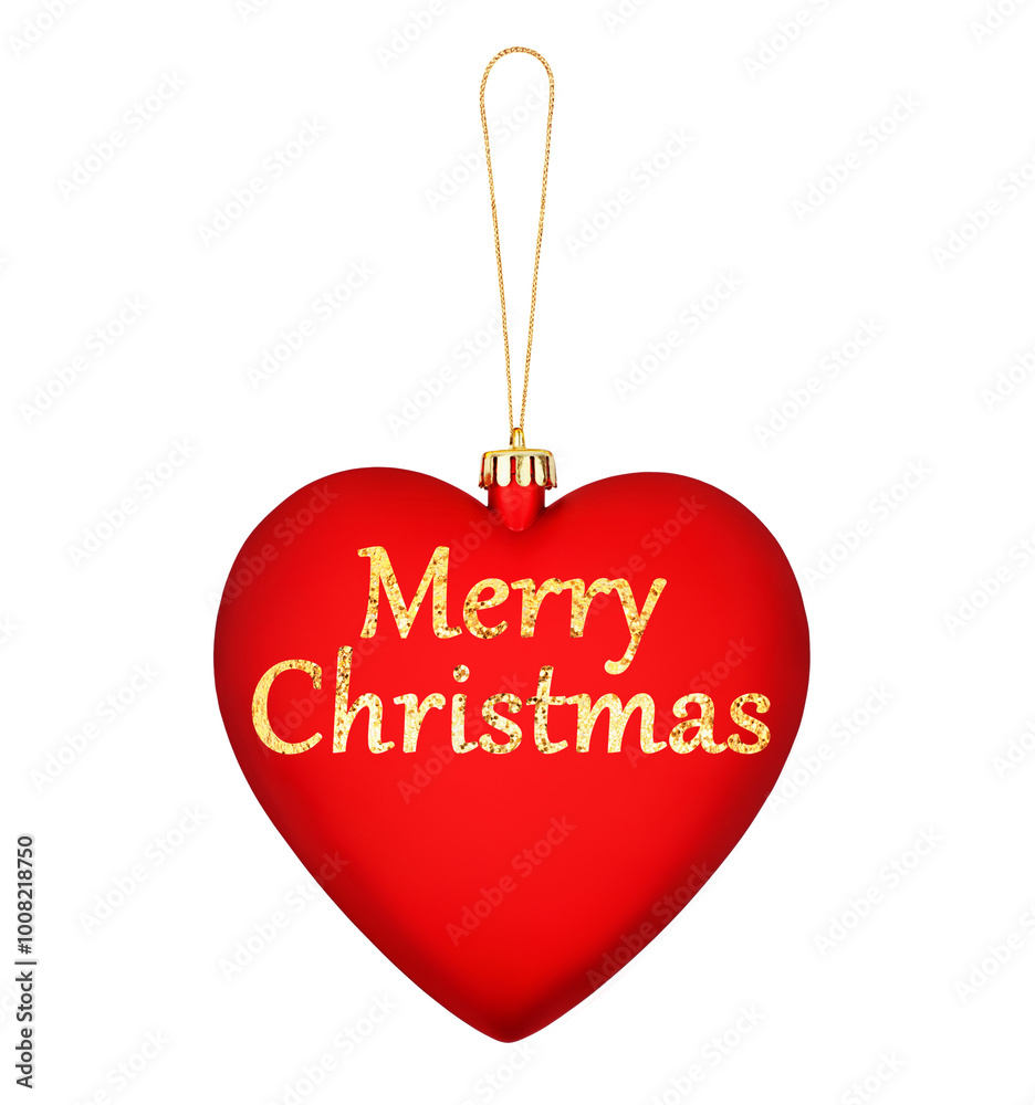 Christmas ball red heart, Merry Christmas, Happy New Year text, golden decoration, white background isolated, winter holidays banner, xmas celebration, greeting card, festive bauble, love symbol icon Christmas ball red heart, Merry Christmas, Happy New Year text, golden decoration, white background isolated, winter holidays banner, xmas celebration, greeting card, festive bauble, love symbol icon