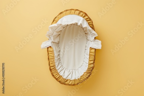 A cozy newborn bassinet resting on a vibrant yellow backdrop, ready for a peaceful slumber in a cheerful nursery photo