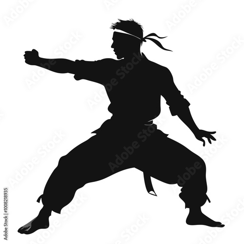 Silhouette of a Karate Fighter: A powerful silhouette of a karate fighter in mid-strike, radiating strength, focus, and determination.  The image evokes a sense of energy and intensity.