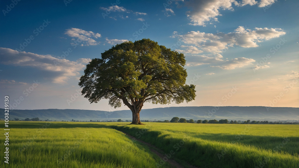 Fototapeta premium A majestic tree in a vast field under a vibrant blue sky with scattered white clouds on a sunny day.