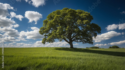 A majestic tree in a vast field under a vibrant blue sky with scattered white clouds on a sunny day.