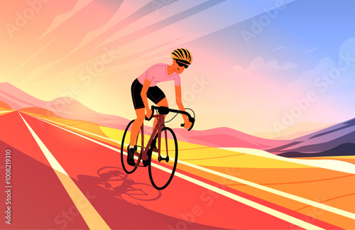 Cyclist in vibrant landscape road biking sport activity dynamic motion colorful background hills sunset website banner