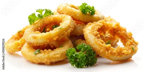 Deliciously crispy deep-fried calamari rings presented on a white background, perfect for seafood dishes and as a