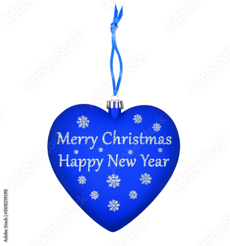 Christmas ball blue heart, Merry Christmas, Happy New Year text, silver decoration, snowflakes pattern white background isolated, winter holidays, xmas celebration, greeting card, festive bauble, love