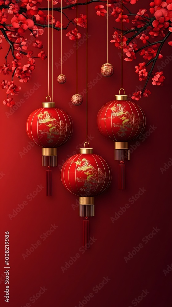 Three red lanterns hanging against a red background with blossoms. Three red lanterns hanging against a red background with blossoms.