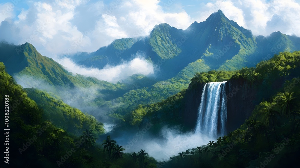 Majestic Tropical Waterfall in Lush Rainforest Landscape Majestic Tropical Waterfall in Lush Rainforest Landscape
