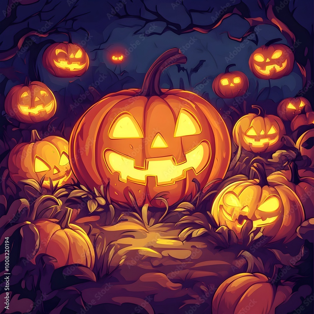 Enchanted Halloween Pumpkin Lanterns Illuminating the Autumn Landscape in the Dark of Night Enchanted Halloween Pumpkin Lanterns Illuminating the Autumn Landscape in the Dark of Night