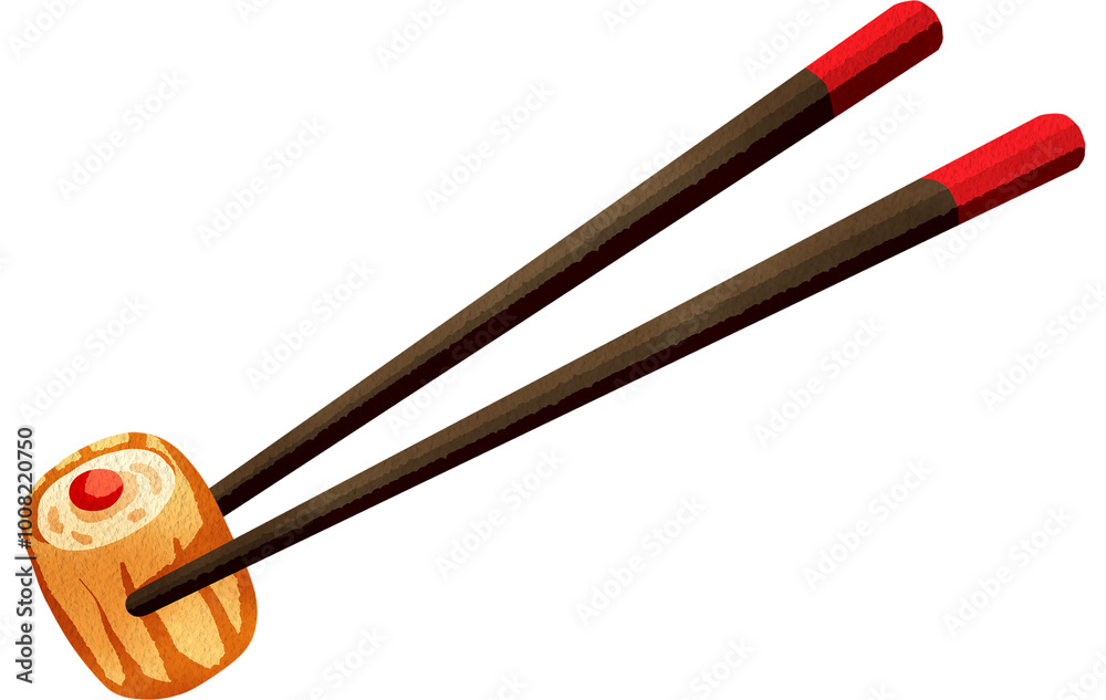 Chopsticks gracefully picking up a plump steamed dumpling, ready to be enjoyed, hand-drawn watercolor painting illustration Chopsticks gracefully picking up a plump steamed dumpling, ready to be enjoyed, hand-drawn watercolor painting illustration