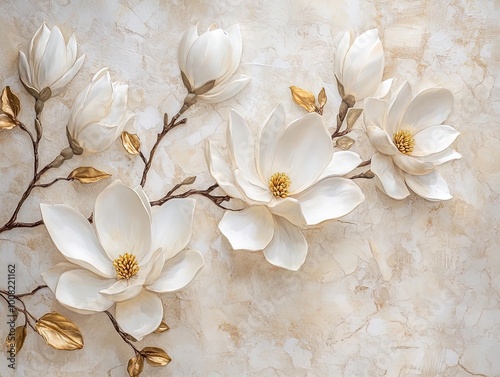 Elegant White Magnolia Flowers with Golden Accents on Textured Marble - Perfect for a Serene Poster in Modern Interiors or Artful Decor