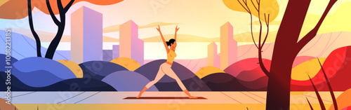 Woman practicing yoga outdoors cityscape background colorful trees hills sunset