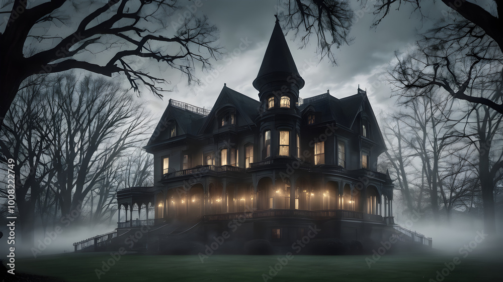 A spooky Victorian-style mansion with flickering lights in the windows, surrounded by dead trees and mist creeping across the lawn
A spooky Victorian-style mansion with flickering lights in the windows, surrounded by dead trees and mist creeping across the lawn