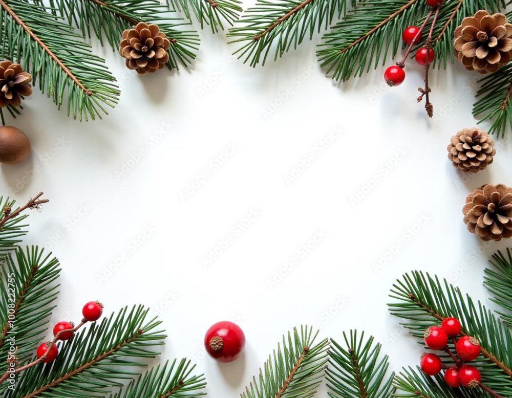 Green pine tree branches with red ornaments on a white background, creating a festive Christmas frame Green pine tree branches with red ornaments on a white background, creating a festive Christmas frame