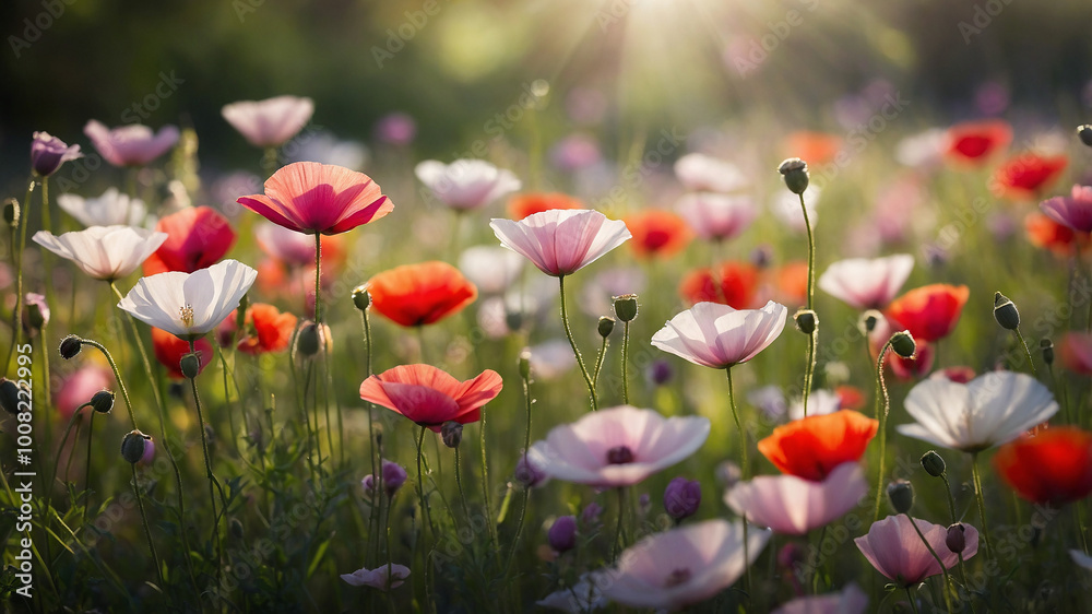 Obraz premium Beautiful pink and red poppies in a meadow with sunlight filtering through, creating a serene atmosphere.
