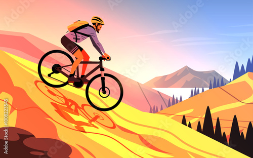 Cyclist riding mountain bike downhill adventure landscape vibrant colors sunset mountains pine trees scenic view