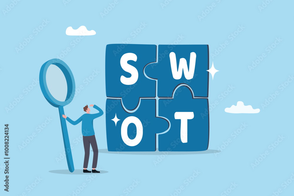 SWOT analysis, analyze strength, weakness, opportunity and threat to win market competition, improve product by SWOT matrix, benchmark or measurement, businessman magnify analyze SWOT business jigsaw. SWOT analysis, analyze strength, weakness, opportunity and threat to win market competition, improve product by SWOT matrix, benchmark or measurement, businessman magnify analyze SWOT business jigsaw.