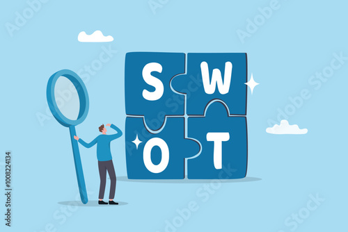 SWOT analysis, analyze strength, weakness, opportunity and threat to win market competition, improve product by SWOT matrix, benchmark or measurement, businessman magnify analyze SWOT business jigsaw.