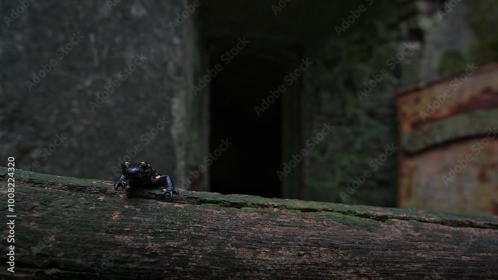 The dark side of the woodland, fire salamander on entrance of mountain spring (Salamandra salamandra) The dark side of the woodland, fire salamander on entrance of mountain spring (Salamandra salamandra)