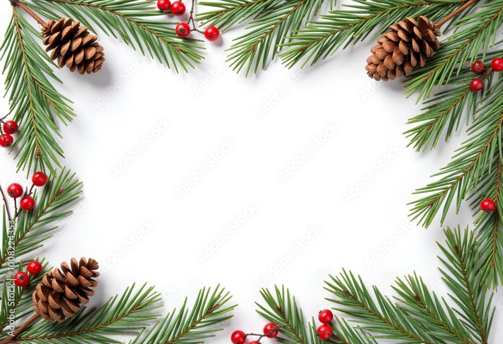 Pine branches with pine cones, red berries, and other winter foliage elements arranged in a frame around a white background Pine branches with pine cones, red berries, and other winter foliage elements arranged in a frame around a white background
