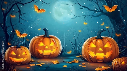 Spooky Jack o Lantern Pumpkins in Enchanted Autumn Forest