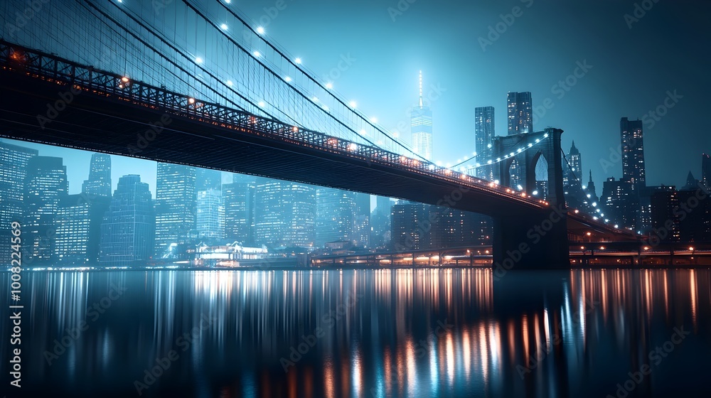 Fototapeta premium Iconic Bridge Over Glimmering River with Magnificent City Lights Skyline Reflection