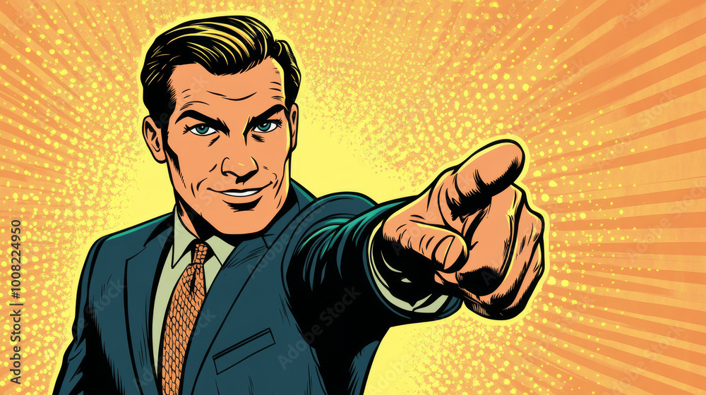 A retro-style cartoon businessman is pointing with his finger, like a classic comic book character. This image is perfect for promoting a product or service. A retro-style cartoon businessman is pointing with his finger, like a classic comic book character. This image is perfect for promoting a product or service.