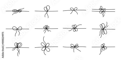Black line style gift ribbon bows set isolated on white background. Doodle line style gift box ribbon bows in a thin, simple, minimal hand drawn design for elegant festive present decoration.