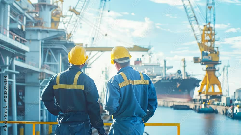 Shipyard workers in front of a big ship Shipyard workers in front of a big ship