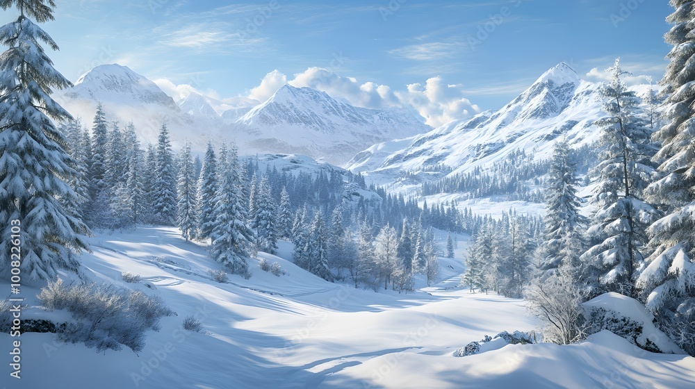 Snowy mountain landscape with evergreen trees and serene atmosphere. Snowy mountain landscape with evergreen trees and serene atmosphere.