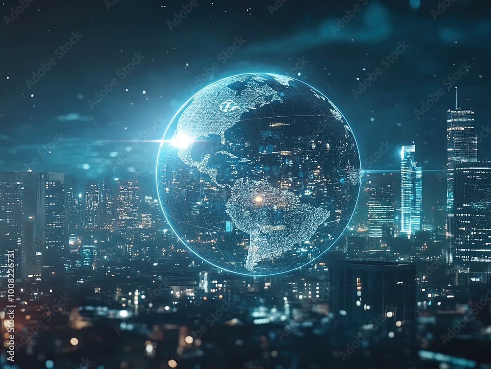 Stunning Transparent Digital Earth Illuminates Night Cityscape: Perfect Poster for Modern Sports Interiors and Urban Spaces Stunning Transparent Digital Earth Illuminates Night Cityscape: Perfect Poster for Modern Sports Interiors and Urban Spaces