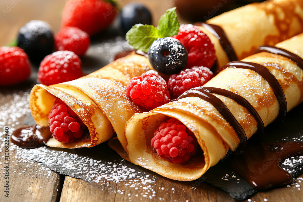 Irresistible Crepes with Fresh Berries, Drizzled with Rich Chocolate and Powdered Sugar – Perfect for Breakfast, Brunch, or a Decadent Dessert Treat Irresistible Crepes with Fresh Berries, Drizzled with Rich Chocolate and Powdered Sugar – Perfect for Breakfast, Brunch, or a Decadent Dessert Treat