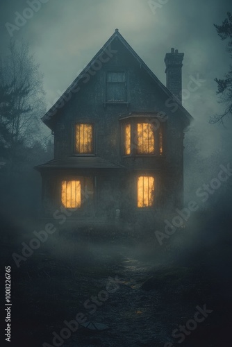 A mysterious house with lit windows stands shrouded in fog and darkness, creating a haunting scene. Aesthetic cover page for horror novel