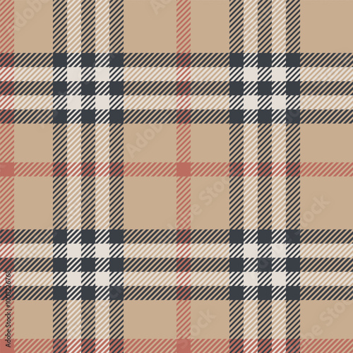 Retro seamless plaid pattern with beige, black, and red stripes, perfect for textiles, backgrounds, fashion, and vintage design projects. Ideal for classic or modern styling