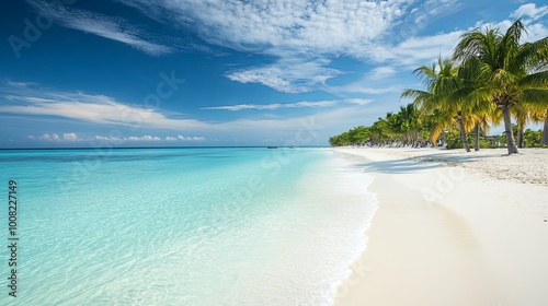 A serene beach scene featuring white sand, turquoise waters, and palm trees under a bright blue sky.