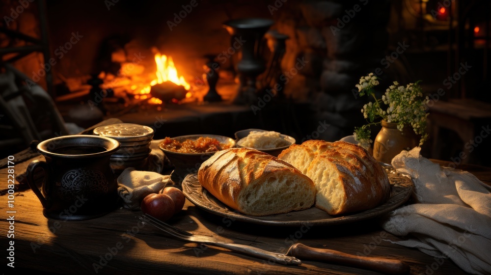 A Rustic Table Setting with Bread and Fire A Rustic Table Setting with Bread and Fire