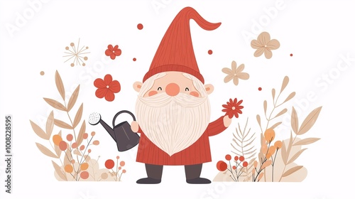Cheerful Gnome with Watering Can and Flowers