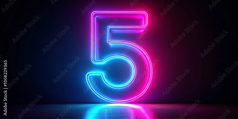 Experience a striking 3D depiction of Neon Number Five, illuminated in the dark with ultraviolet brilliance and Experience a striking 3D depiction of Neon Number Five, illuminated in the dark with ultraviolet brilliance and