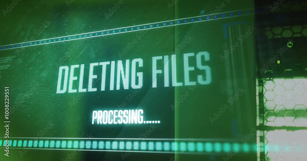 Fototapeta premium Image of deleting files, processing text on interface over computer server