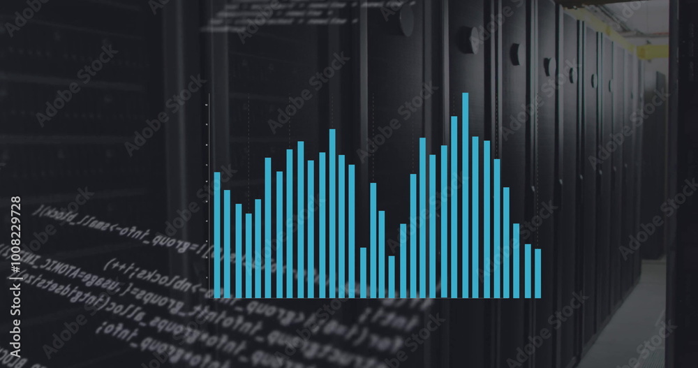 Image of data processing with diagrams over server room