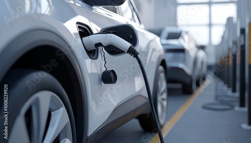 Line of electric cars at a charging station, emphasizing clean energy solutions, modern automotive innovation, and green technology