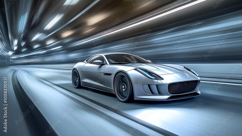 A sleek, futuristic sports car speeds through a tunnel, showcasing motion and modern design. A sleek, futuristic sports car speeds through a tunnel, showcasing motion and modern design.