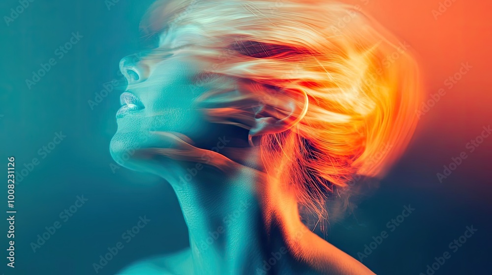A surreal expression of movement and light, featuring a woman in vibrant colors with flowing hair capturing an ethereal moment.