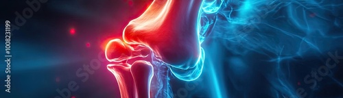 Detailed illustration of a knee joint highlighting its anatomy with vibrant red and blue colors on a dark background.