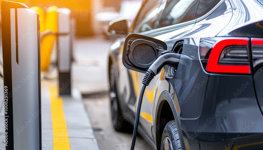 Row of sleek electric cars charging at a modern station, focus on sustainability and clean energy, futuristic transportation concept Row of sleek electric cars charging at a modern station, focus on sustainability and clean energy, futuristic transportation concept