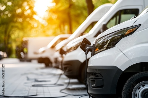 Row of white electric vans connected to chargers, focus on sustainable fleet management and green transportation infrastructure